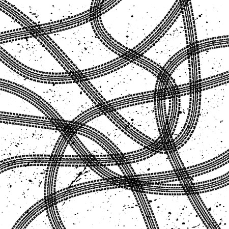Black tire tracks swirl with ink blots isolated on white backgroundのイラスト素材