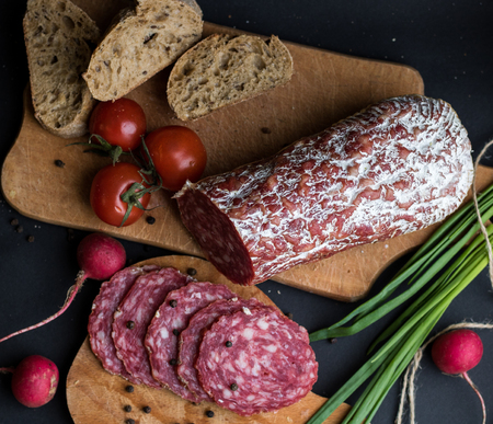 Sausage with bread and potatoesの写真素材
