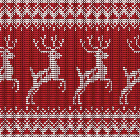 Abstract red and white seamless knitting pattern with deers backgroundのイラスト素材