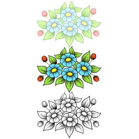 Set of three daisy bouquets different colors isolated on white backgroundのイラスト素材
