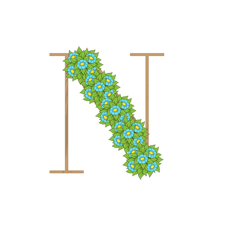 Letter N wooden texture with green leaves and flowersのイラスト素材
