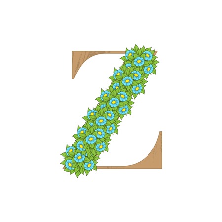 Letter Z wooden texture with green leaves and flowersのイラスト素材
