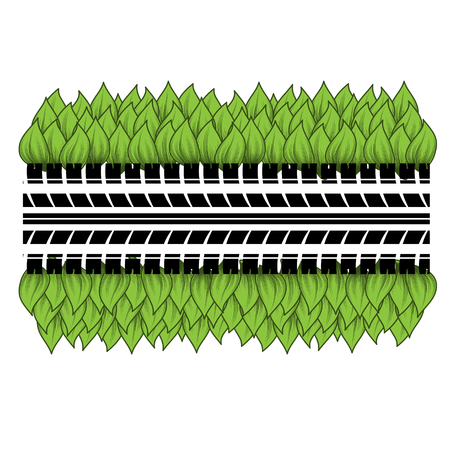 Black tire track silhouette with green leaver isolated on white backgroundのイラスト素材