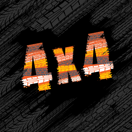 Tire track grunge 4x4 letters isolated on black backgroundのイラスト素材