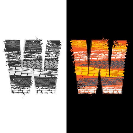 Two grunge letter W with tire tracks isolated on differennt backgroundsのイラスト素材