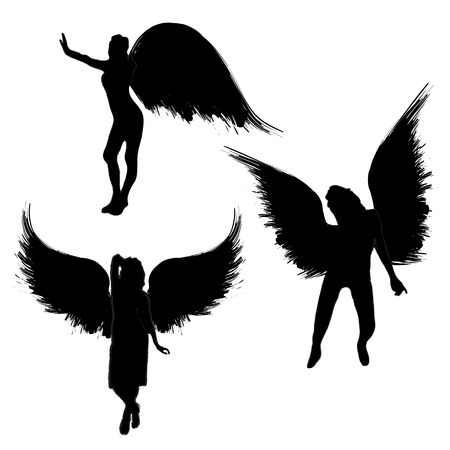 Three abstract woman silhouettes with grunge wings isolated on white backgroundのイラスト素材