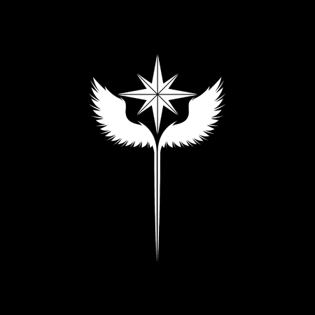 White compass silhouette with wings isolated on black backgroundのイラスト素材