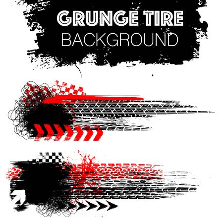 Two grunge elements with black and red tire tracks isolated on white backgroundのイラスト素材