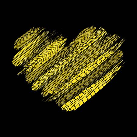 Black background with yellow grunge tire track silhouettesのイラスト素材