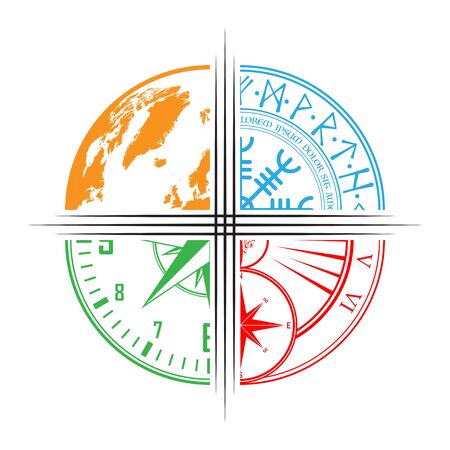 Color symbols of world map, clock, windrose and abstract symbolのイラスト素材
