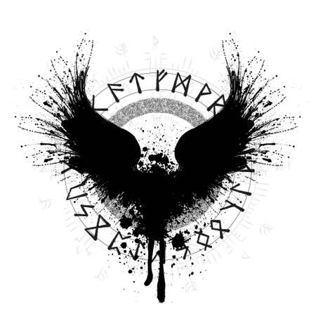 Raven scandinavian silhouette runes signのイラスト素材