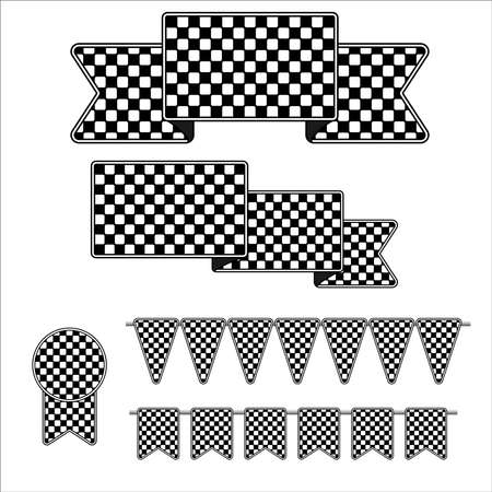 Set og race flag stickers different geometrick forms. Black and white squares design elementsのイラスト素材