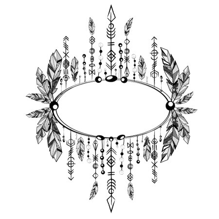 Feathers boho elipse frame patternのイラスト素材