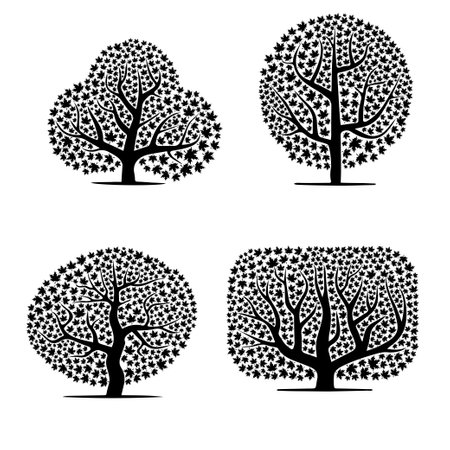 Abstract maple leaves black tree silhouettes setのイラスト素材