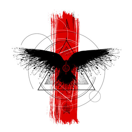 Black ink raven grunge silhouetteのイラスト素材