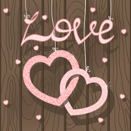 Pink hearts on wooden background. Love concept. Wedding decorationのイラスト素材