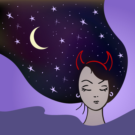 Beautiful woman with a devilish nature sleeps with stars in her hairのイラスト素材