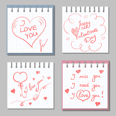 I love you. Happy Valentines day. Red Heart Shape on Note Paper sheet. Set of romantic messages. Vector handwritten textのイラスト素材
