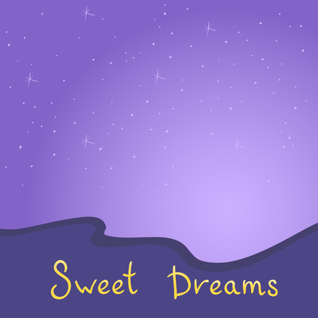 Gold handwritten text on a blue blanket against the starry sky. Vector illustration of a sweet dream in cartoon style.のイラスト素材