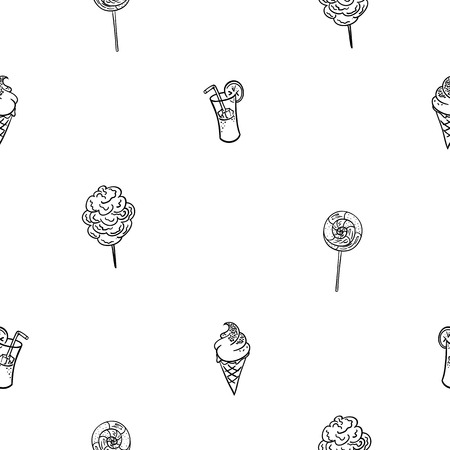 Ice cream, cotton candy, cocktail and lollipop seamless pattern. Sweets vector concept background.のイラスト素材
