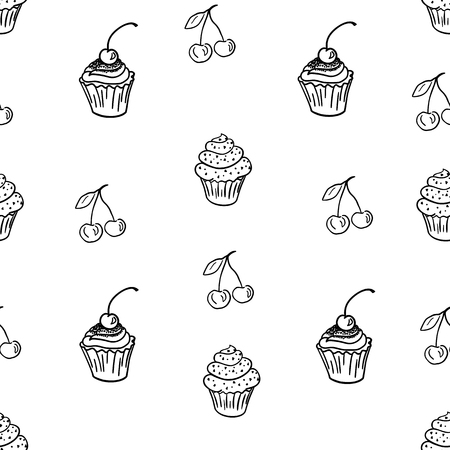 Candy cakes and cherry berry seamless pattern. Sweets vector concept background.のイラスト素材
