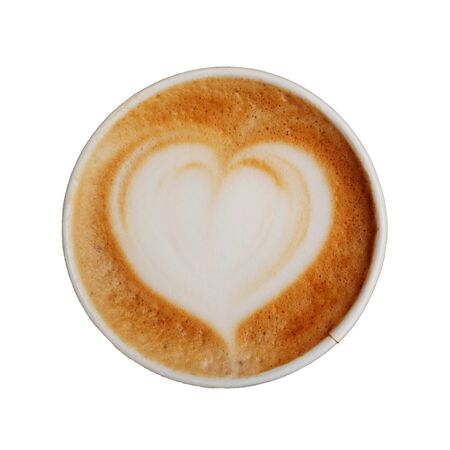 Paper cup of fresh delicious cappuccino coffee with beautiful latte art in the shape of heart isolated on white background. Top view. Hot morning drinkの写真素材