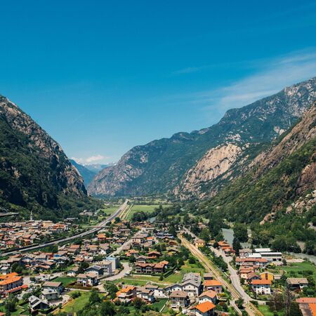Beautiful landscape in the Aosta Valley mountainous region in northwestern Italy. Alpine valley in summer seen from fort Bard. Hone, Bard, Valle d Aosta. Dora Baltea riverの写真素材