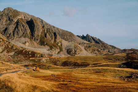 Beautiful alpine view at sunset, mountain peaksの写真素材