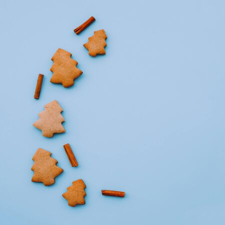 Holiday cookies in the shape of Christmas tree on light blue background. Copy space.の写真素材