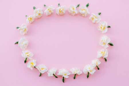 Frame made of beautiful fresh white daffodil flowers on pastel pink background.の写真素材