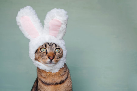 Happy Easter. European Shorthair young cat wearing funny bunny ears against pastel green background. Mackerel tabby kitty dressed as rabbit, close up. Space for text.の写真素材