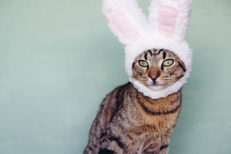 Happy Easter. European Shorthair young cat wearing funny bunny ears against pastel green background,...