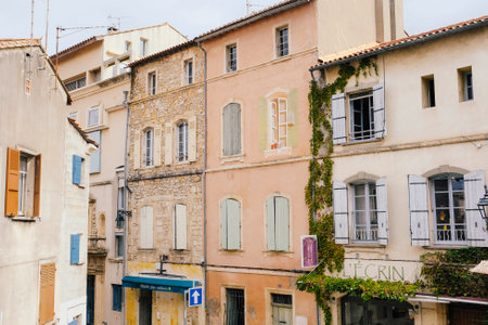 Arles, France - September 2019: view of beautiful colorful buildings and narrow streets in Arles. Popular travel destination in Southern France.のeditorial素材