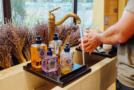 beauty products and liquid soaps at L'Occitane en Provence museum shop in Manosqueのeditorial素材