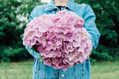 Girl holding big bunch of fresh purple hydrangea flowers in full bloom.の写真素材