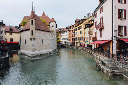 Annecy, France - November 2018: View of Annecy canal in autumn. The Palais de l'Isle and Thiou river..のeditorial素材