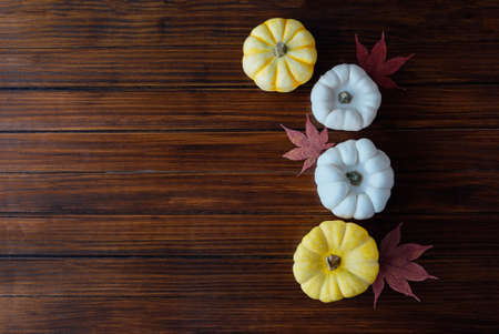 Colorful mini pumpkins on dark wooden background, top view, flat lay. Fall background. Halloween or Thanksgiving celebration.の写真素材