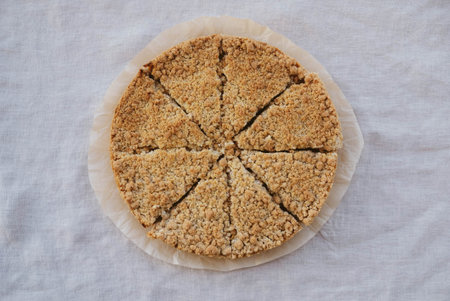 Freshly baked homemade double crutsed apple crumb pie. Sweet food from above.