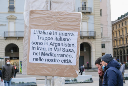 Turin, Italy - February 2021: anarchistic and antimilitaristic rally against all the armies and for the world without borders.のeditorial素材