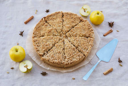 Freshly baked homemade double crutsed apple crumb pie. Sweet food from above,の写真素材