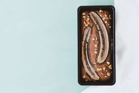 Freshly baked homemade gluten free banana bread cake with walnuts. Sweet food. Popular american dessert.の写真素材