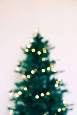 Blurred fir tree with yellow festive lights against white background.の写真素材
