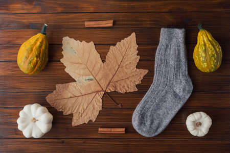 Autumn flat lay on wooden rustic background.の写真素材