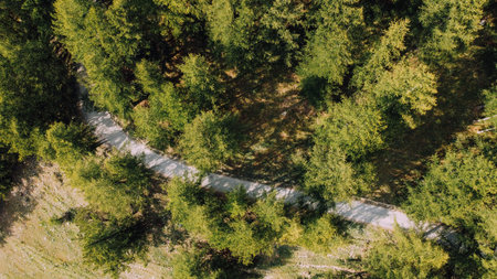 Aerial view of narrow road among green summer field in the mountains.の写真素材