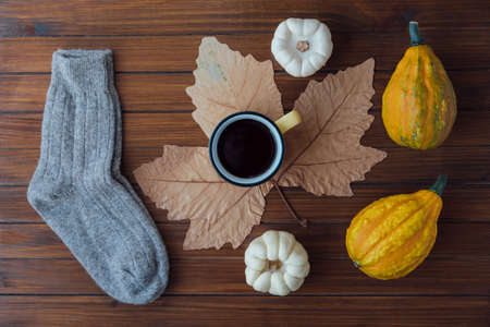 Autumn flat lay on wooden rustic background.の写真素材