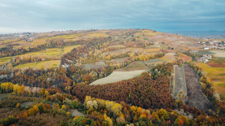 Aerial view of The Langhe, hilly area in Piedmont, northern Italy. Famous italian travel destination