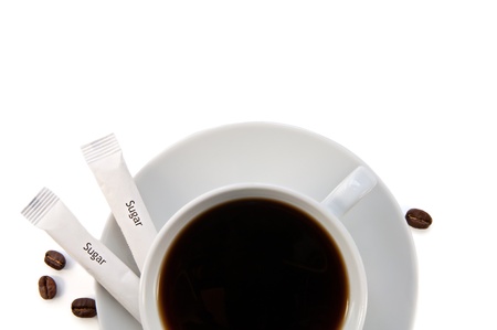 coffee of the day, cup of black brewed coffee, beans of coffea arabica, sugar isolatedの写真素材