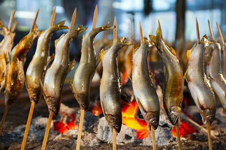 Japanese fast food, grilled fish skewersの写真素材