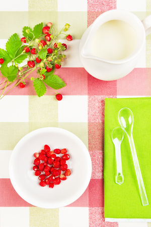 Healthy breakfast with strawberry and milk served on a kitchen table in a rustic style.の写真素材