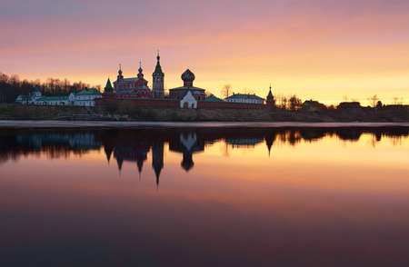 Saint Nicholas Monastery for Men in Staraya Ladoga, view from a bank of Volkhov river at sunsetの写真素材
